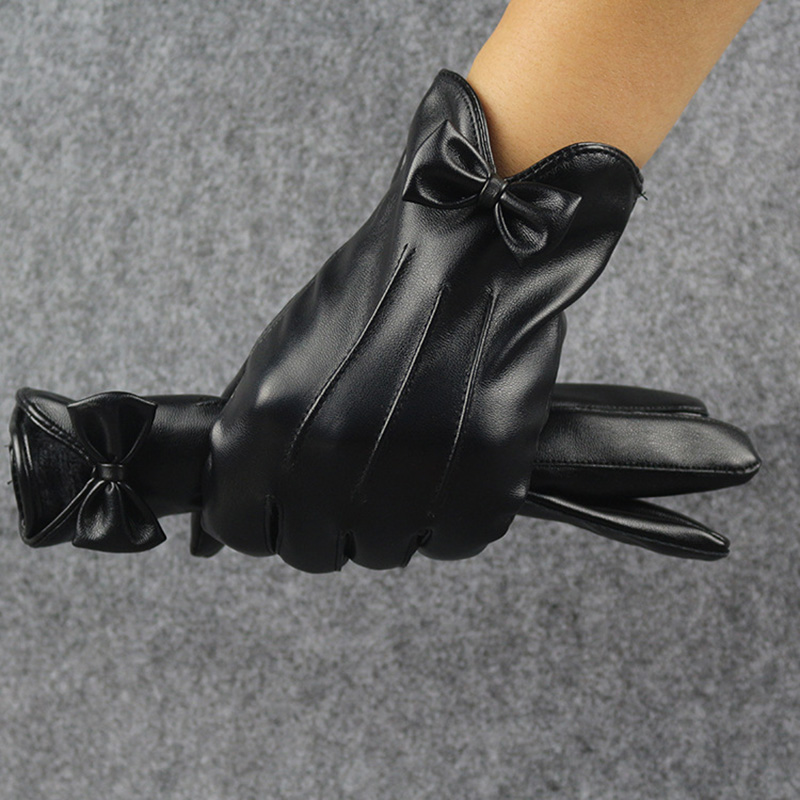 Leather Work Winter Gloves - Перчатки женские кожаные, с черным бантом,