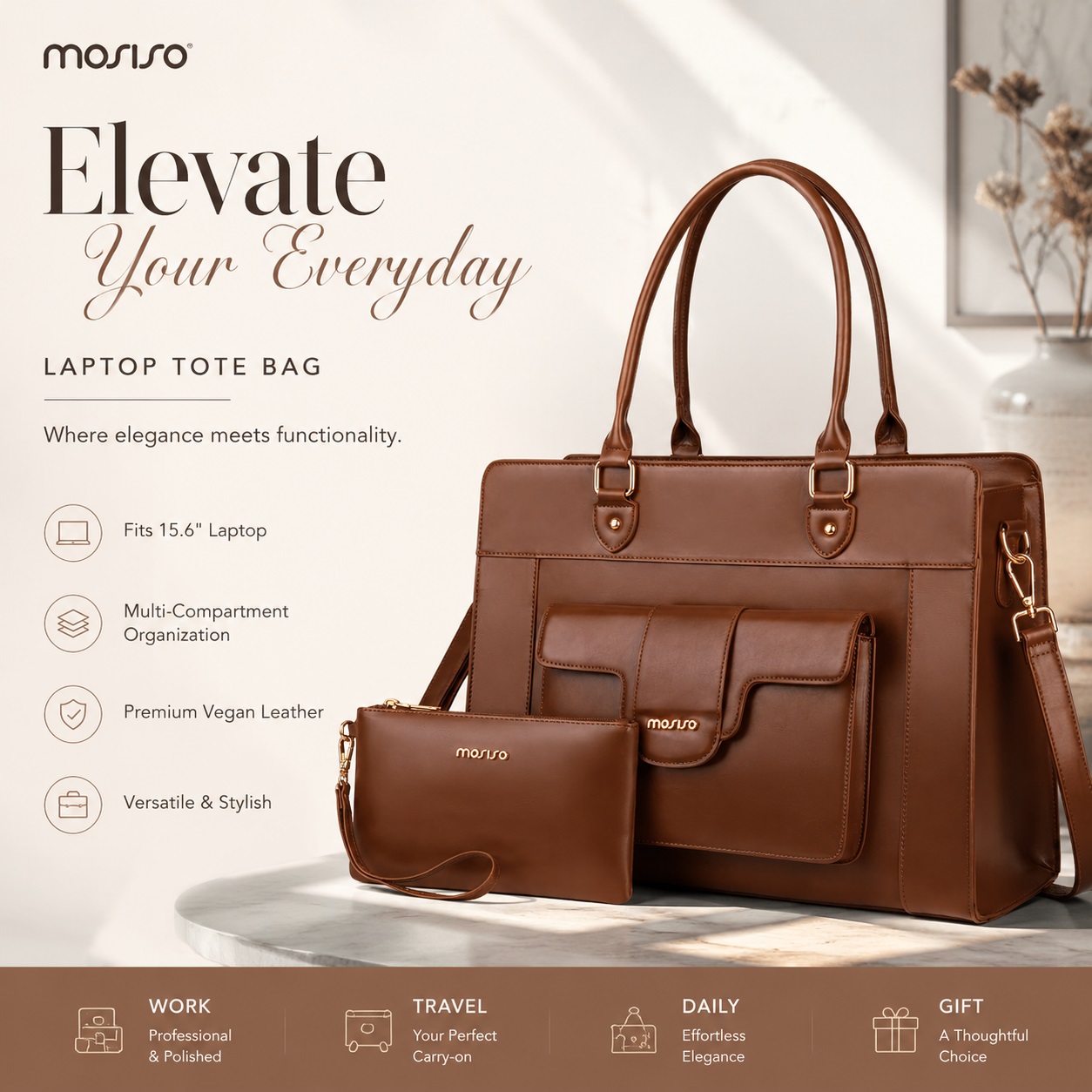 Leather Work Laptop Bag - Сумка-портфель MOSISO для ноутбука, женская, 15,6